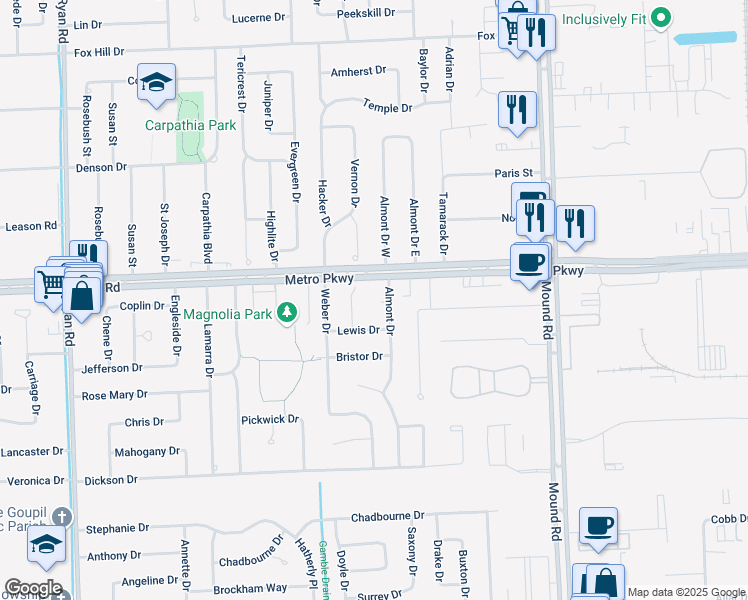 map of restaurants, bars, coffee shops, grocery stores, and more near 36851 Almont Court in Sterling Heights