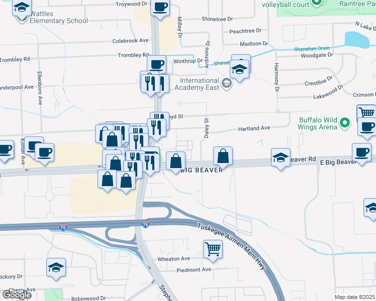 map of restaurants, bars, coffee shops, grocery stores, and more near 1056 Faulkner in Troy