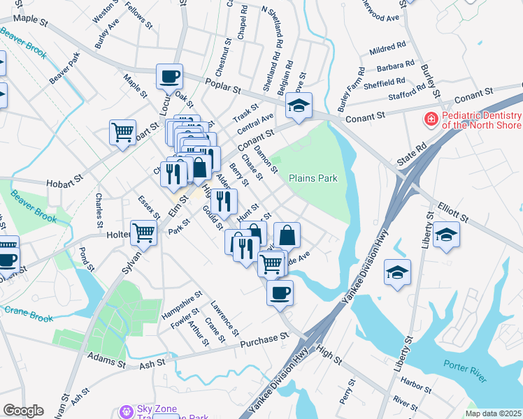 map of restaurants, bars, coffee shops, grocery stores, and more near 27 Berry Street in Danvers