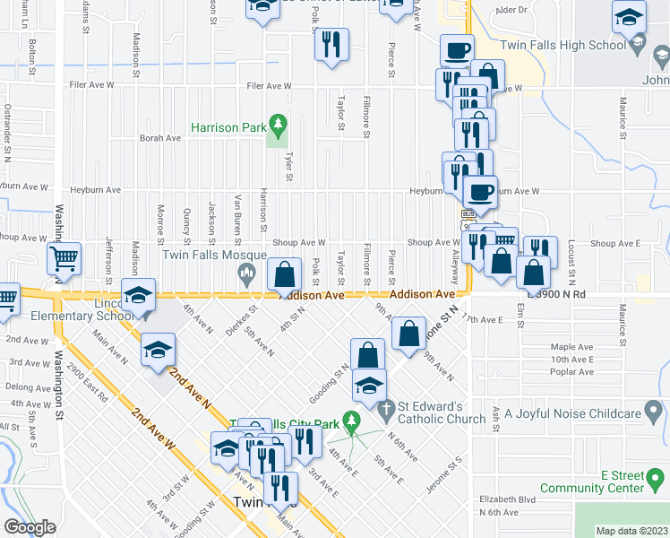 map of restaurants, bars, coffee shops, grocery stores, and more near 147 Taylor Street in Twin Falls