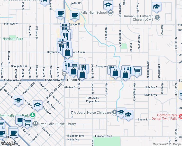 map of restaurants, bars, coffee shops, grocery stores, and more near 143 Locust Street North in Twin Falls