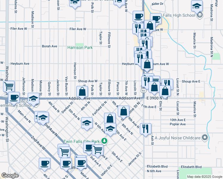 map of restaurants, bars, coffee shops, grocery stores, and more near 148 Fillmore Street in Twin Falls
