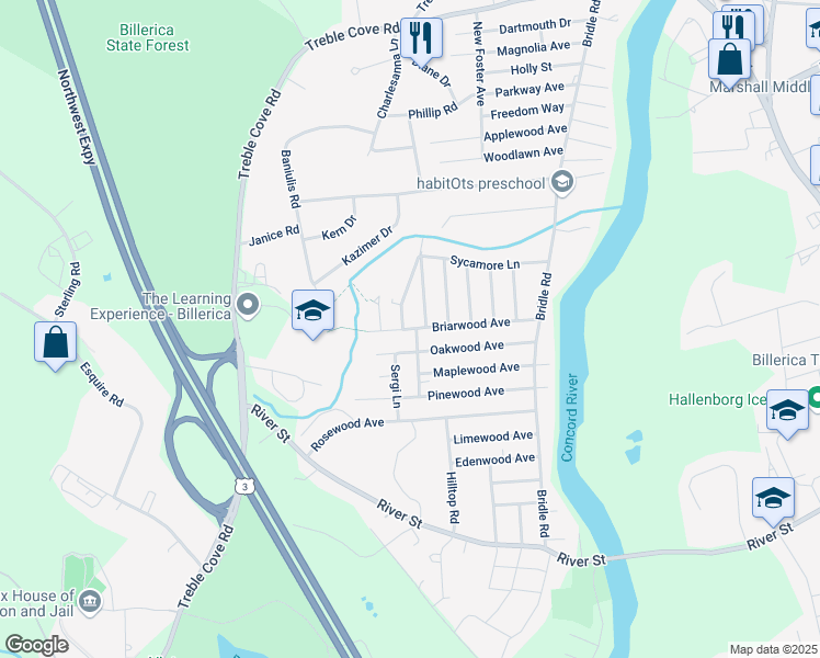 map of restaurants, bars, coffee shops, grocery stores, and more near 62 Briarwood Avenue in Billerica