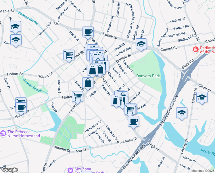 map of restaurants, bars, coffee shops, grocery stores, and more near 37 High Street in Danvers
