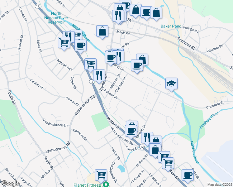 map of restaurants, bars, coffee shops, grocery stores, and more near 57 Sheridan Street in Fitchburg