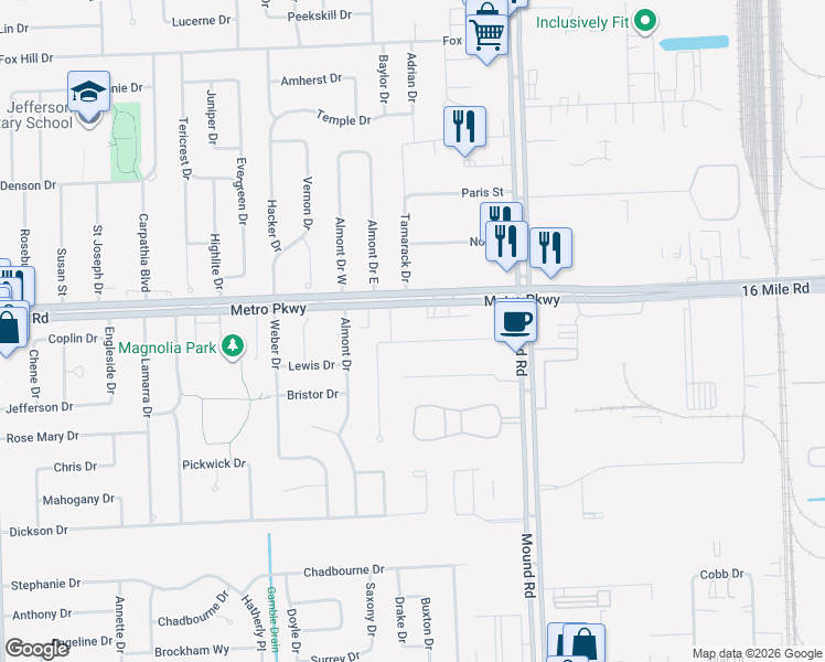 map of restaurants, bars, coffee shops, grocery stores, and more near 5437 Meadow View Street in Sterling Heights
