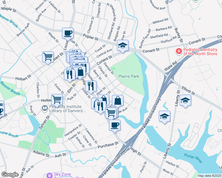 map of restaurants, bars, coffee shops, grocery stores, and more near 27 Berry Street in Danvers