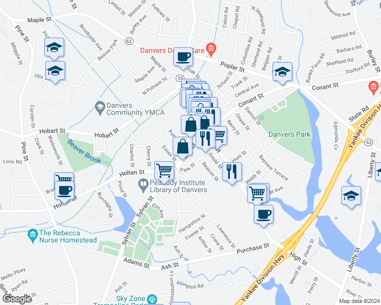 map of restaurants, bars, coffee shops, grocery stores, and more near 14 Park Street in Danvers