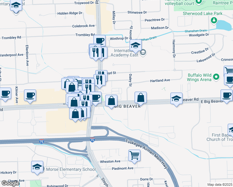 map of restaurants, bars, coffee shops, grocery stores, and more near 1132 Faulkner in Troy