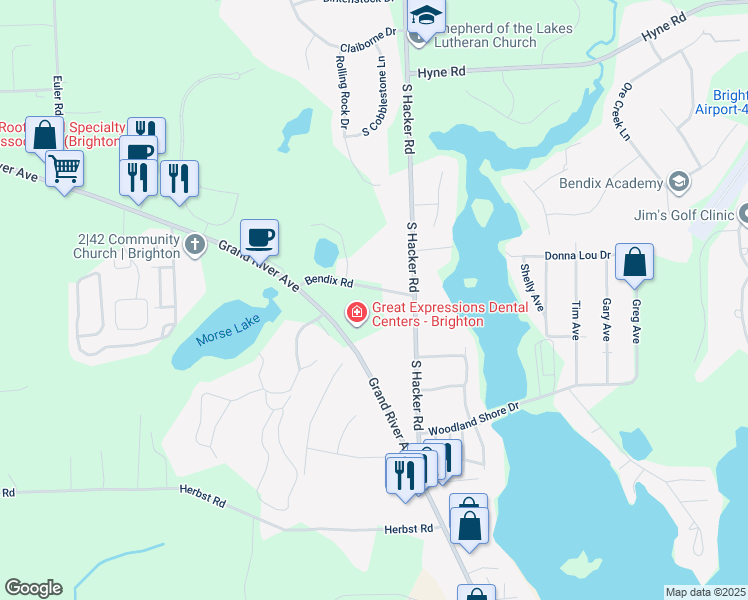 map of restaurants, bars, coffee shops, grocery stores, and more near 7910 Bendix Road in Brighton