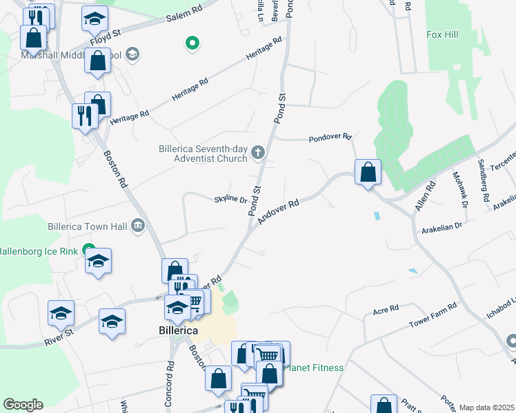 map of restaurants, bars, coffee shops, grocery stores, and more near 11 Pond Street in Billerica
