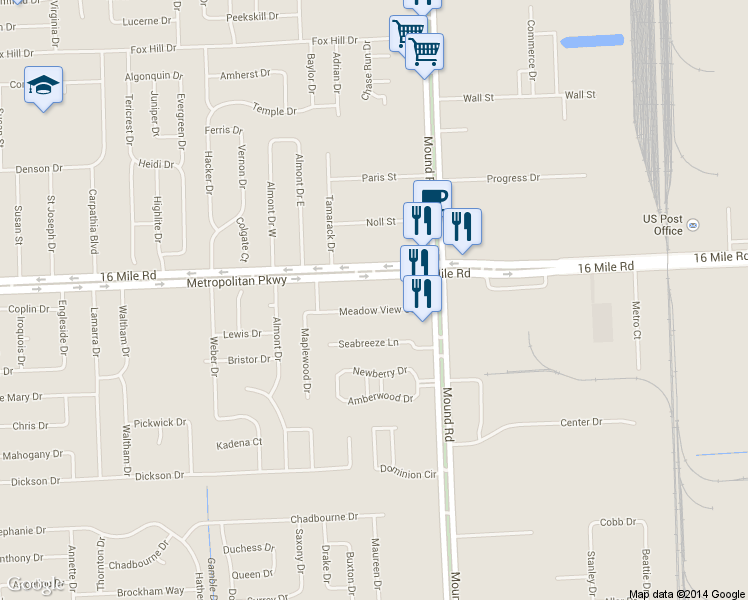 map of restaurants, bars, coffee shops, grocery stores, and more near 5543 Meadow View St in Sterling Heights