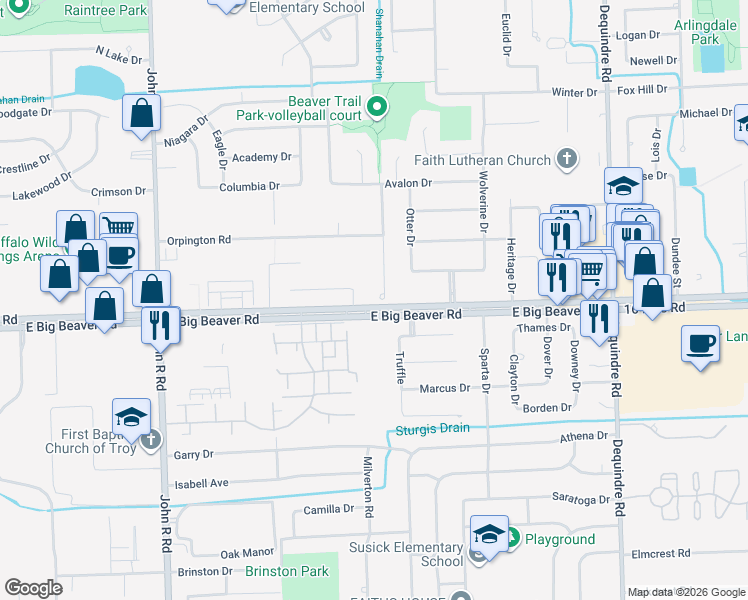 map of restaurants, bars, coffee shops, grocery stores, and more near 3028 Cedar Crest Drive in Troy