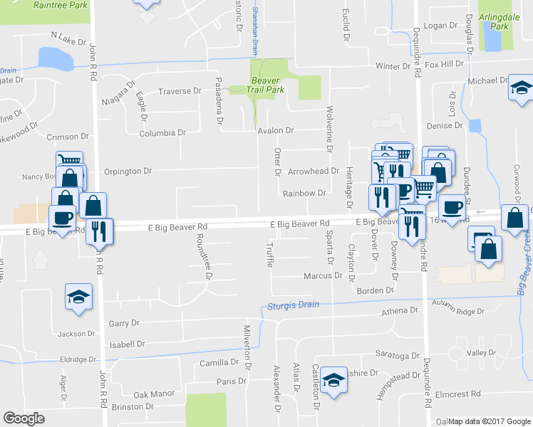 map of restaurants, bars, coffee shops, grocery stores, and more near 3028 Cedar Crest Drive in Troy