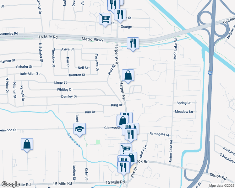 map of restaurants, bars, coffee shops, grocery stores, and more near 36175 Harper Avenue in Clinton Township