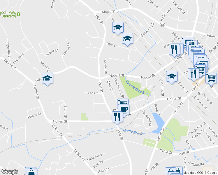 map of restaurants, bars, coffee shops, grocery stores, and more near 30 Clark Street in Danvers