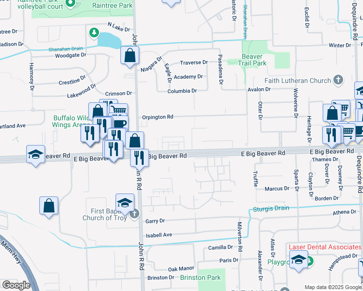 map of restaurants, bars, coffee shops, grocery stores, and more near 2163 East Big Beaver Road in Troy