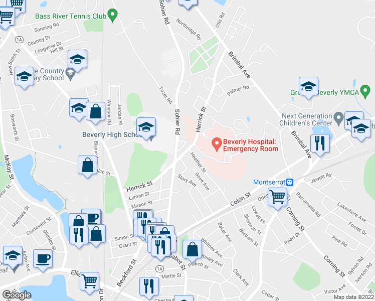 map of restaurants, bars, coffee shops, grocery stores, and more near 69 Herrick Street in Beverly