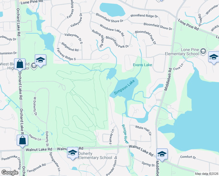 map of restaurants, bars, coffee shops, grocery stores, and more near 5127 Simpson Lake Road in West Bloomfield Township