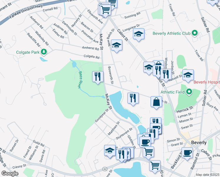 map of restaurants, bars, coffee shops, grocery stores, and more near 131 McKay Street in Beverly