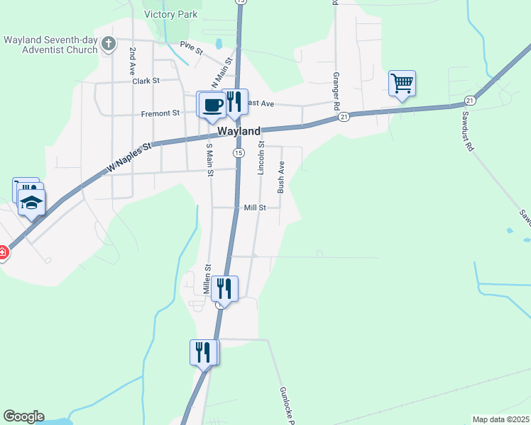 map of restaurants, bars, coffee shops, grocery stores, and more near 105 Bush Avenue in Wayland
