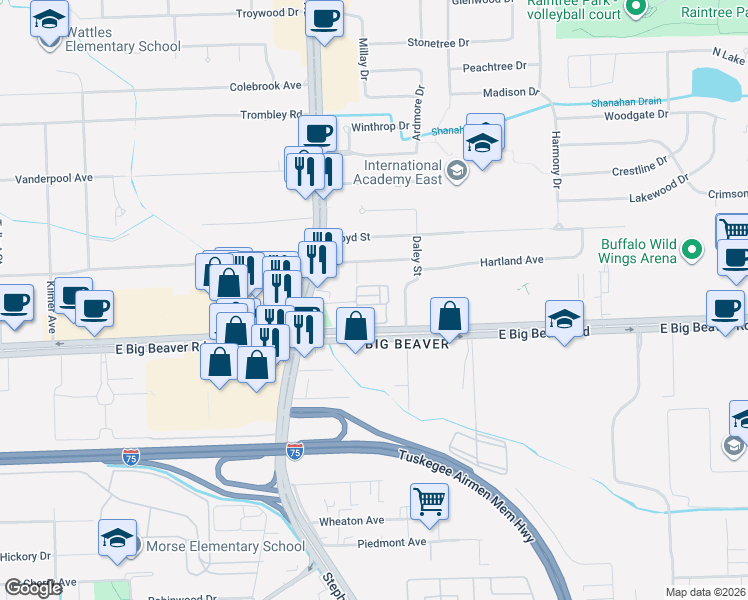 map of restaurants, bars, coffee shops, grocery stores, and more near 1128 Faulkner in Troy