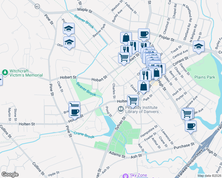 map of restaurants, bars, coffee shops, grocery stores, and more near 14R Charles Street in Danvers