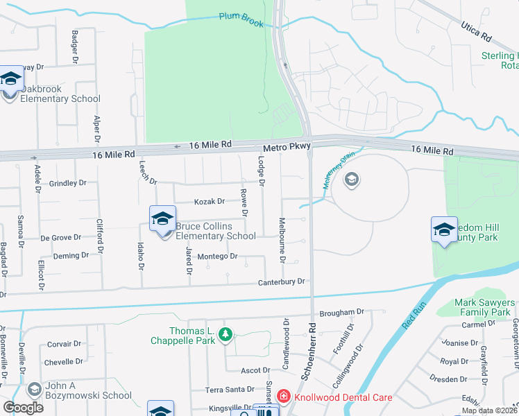 map of restaurants, bars, coffee shops, grocery stores, and more near 36576 Lodge Drive in Sterling Heights