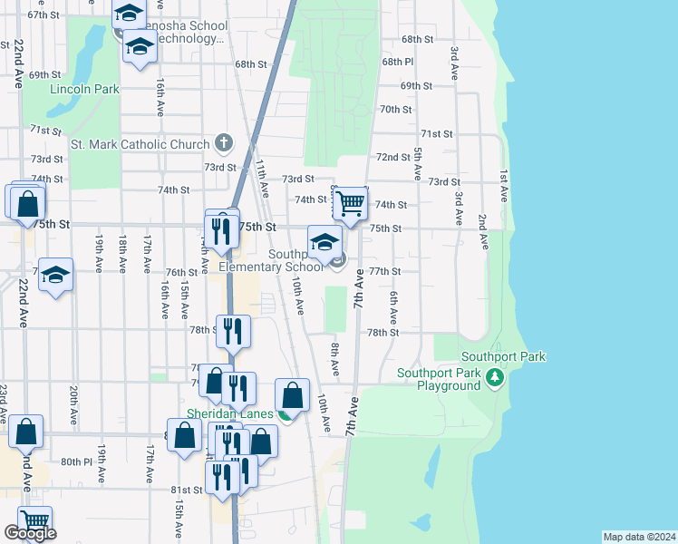map of restaurants, bars, coffee shops, grocery stores, and more near 723 76th Street in Kenosha