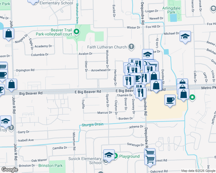 map of restaurants, bars, coffee shops, grocery stores, and more near 2718 East Big Beaver Road in Troy
