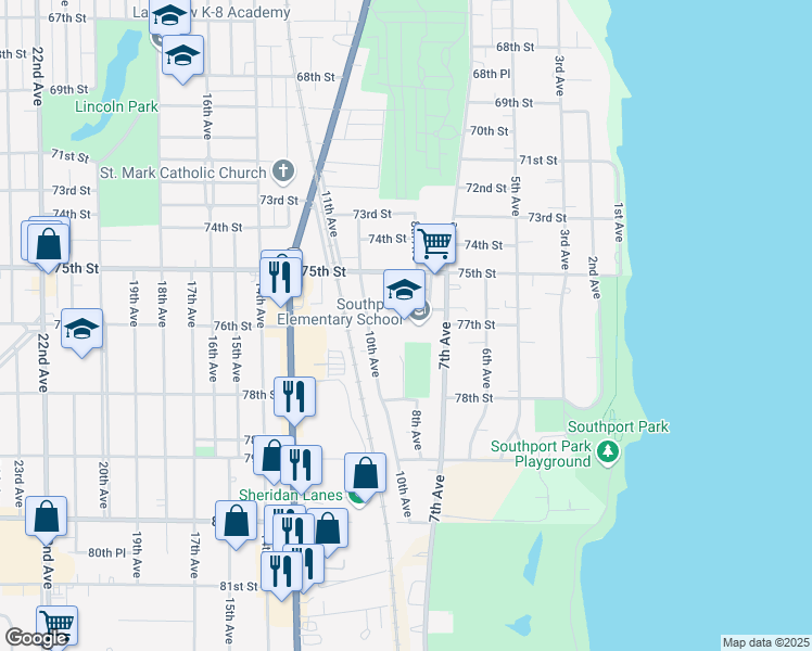 map of restaurants, bars, coffee shops, grocery stores, and more near 723 76th Street in Kenosha