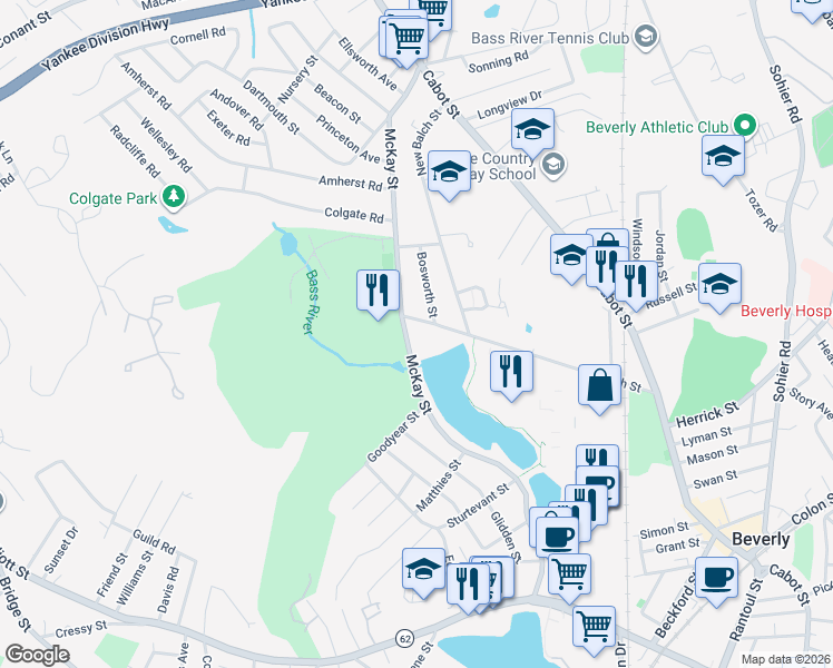 map of restaurants, bars, coffee shops, grocery stores, and more near 131 McKay Street in Beverly