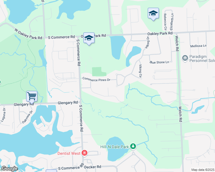 map of restaurants, bars, coffee shops, grocery stores, and more near 1585 Spruce Court in Commerce Charter Township