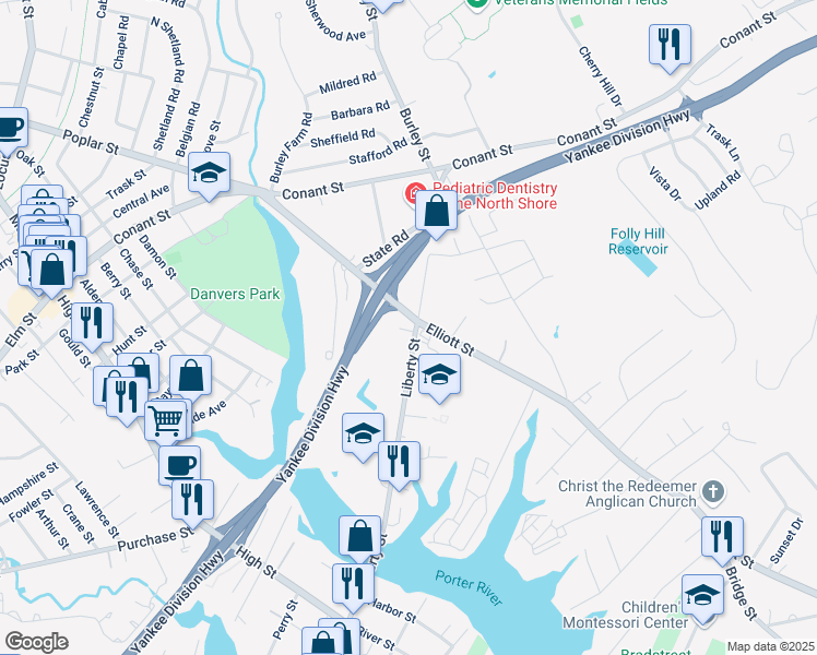 map of restaurants, bars, coffee shops, grocery stores, and more near 51 Liberty Street in Danvers