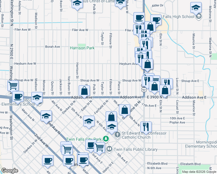 map of restaurants, bars, coffee shops, grocery stores, and more near 148 Fillmore Street in Twin Falls
