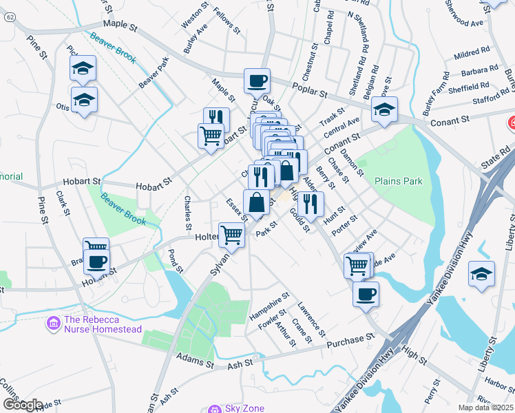 map of restaurants, bars, coffee shops, grocery stores, and more near 5 Essex Street in Danvers