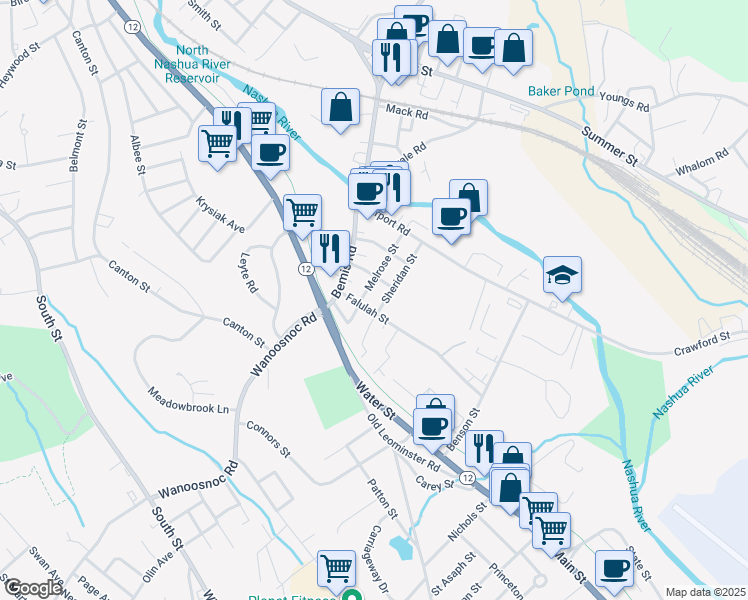 map of restaurants, bars, coffee shops, grocery stores, and more near 57 Sheridan Street in Fitchburg