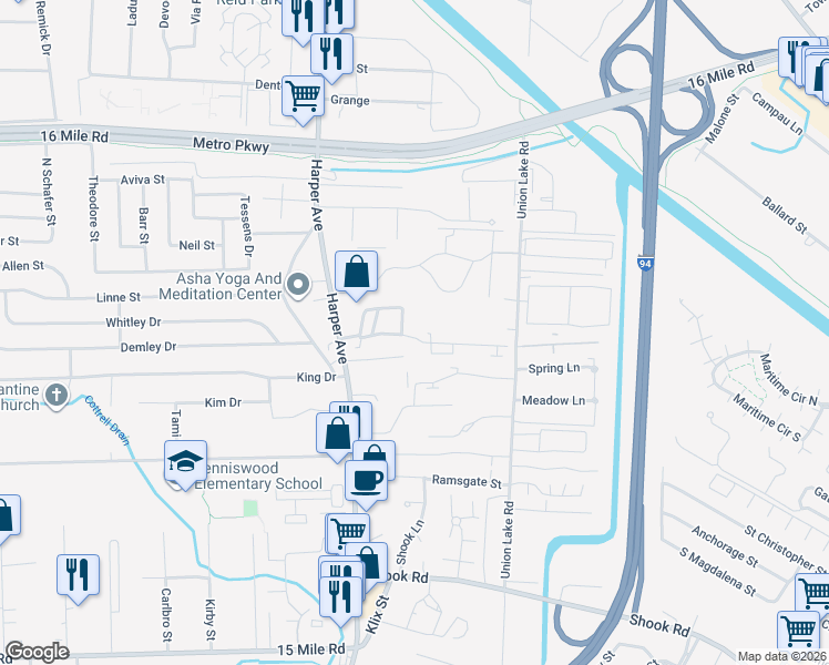 map of restaurants, bars, coffee shops, grocery stores, and more near 24005 Meadowbridge Drive in Clinton Township
