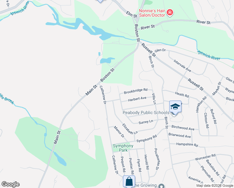 map of restaurants, bars, coffee shops, grocery stores, and more near 3 Theresa Road in Peabody