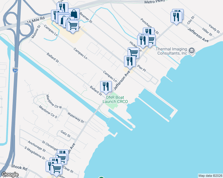 map of restaurants, bars, coffee shops, grocery stores, and more near 36211 Jefferson Avenue in Macomb County