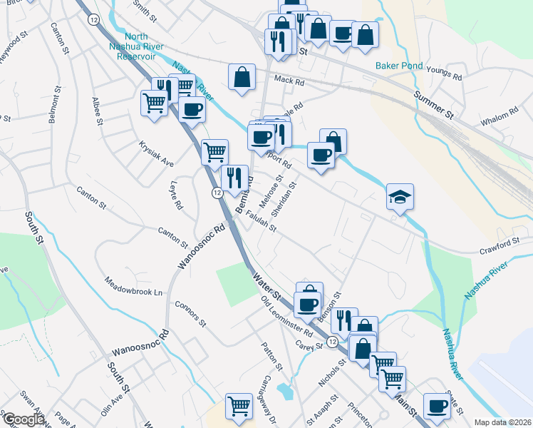 map of restaurants, bars, coffee shops, grocery stores, and more near 57 Sheridan Street in Fitchburg