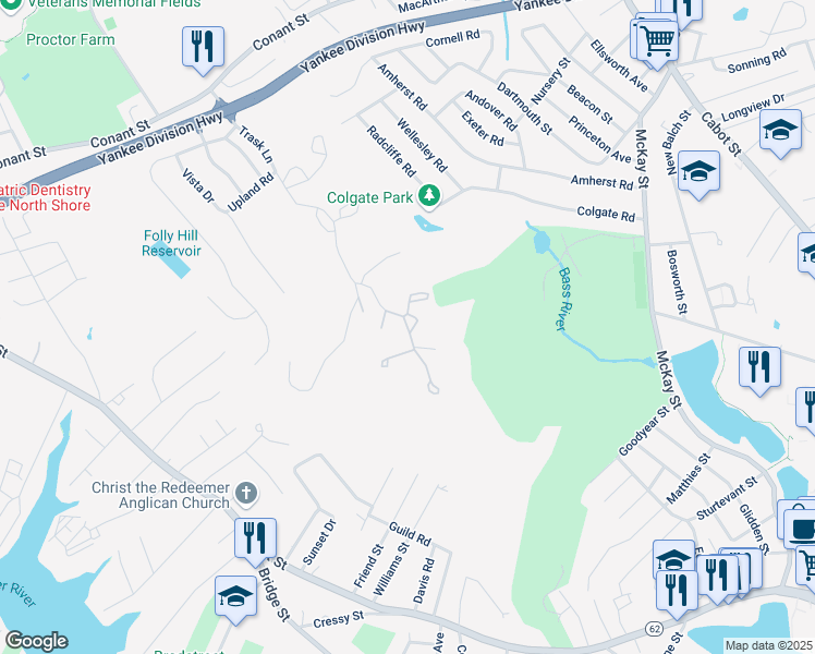 map of restaurants, bars, coffee shops, grocery stores, and more near 300 Manor Road in Beverly