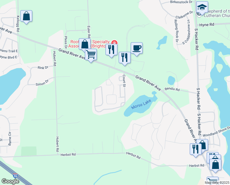 map of restaurants, bars, coffee shops, grocery stores, and more near 7500 Grand River Avenue in Brighton