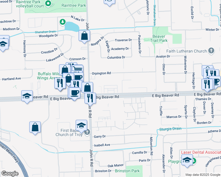 map of restaurants, bars, coffee shops, grocery stores, and more near 2163 East Big Beaver Road in Troy