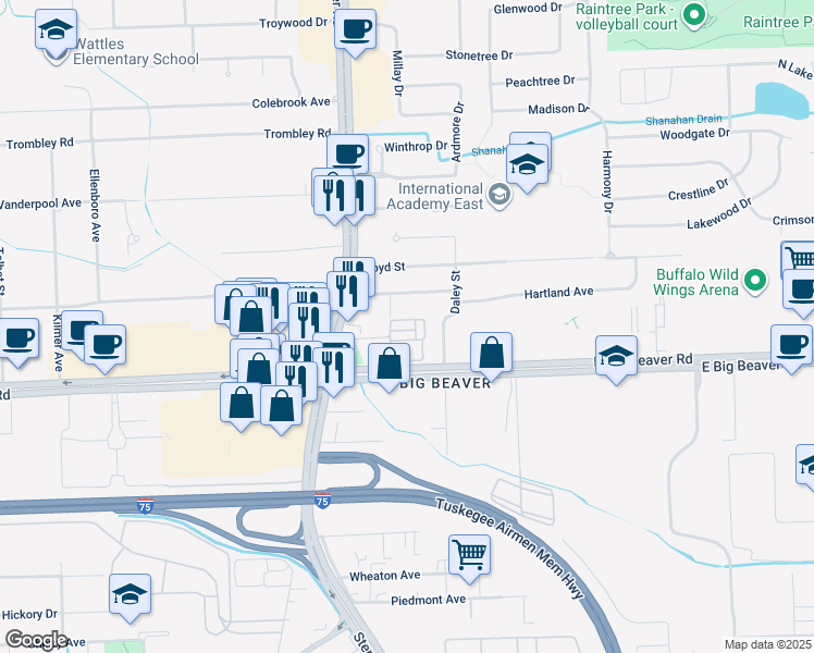 map of restaurants, bars, coffee shops, grocery stores, and more near 1125 Foxboro in Troy