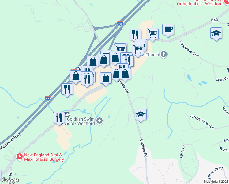 map of restaurants, bars, coffee shops, grocery stores, and more near 3 Carlisle Road in Westford