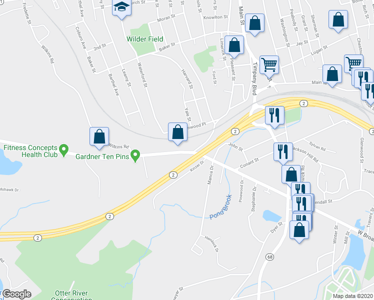 map of restaurants, bars, coffee shops, grocery stores, and more near 10 West Broadway in Gardner