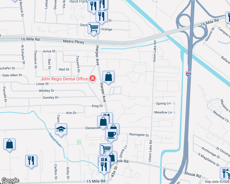 map of restaurants, bars, coffee shops, grocery stores, and more near 24131 Meadowbridge Drive in Clinton Township