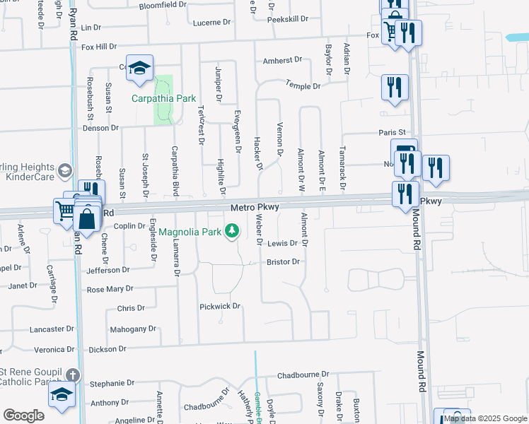 map of restaurants, bars, coffee shops, grocery stores, and more near 36855 Kyro Court in Sterling Heights
