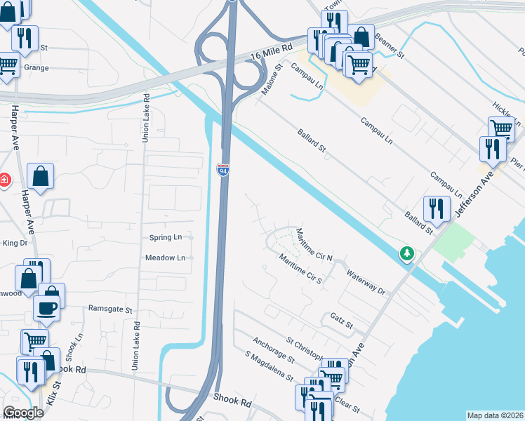 map of restaurants, bars, coffee shops, grocery stores, and more near 25550 Sun Sail Court in Macomb County